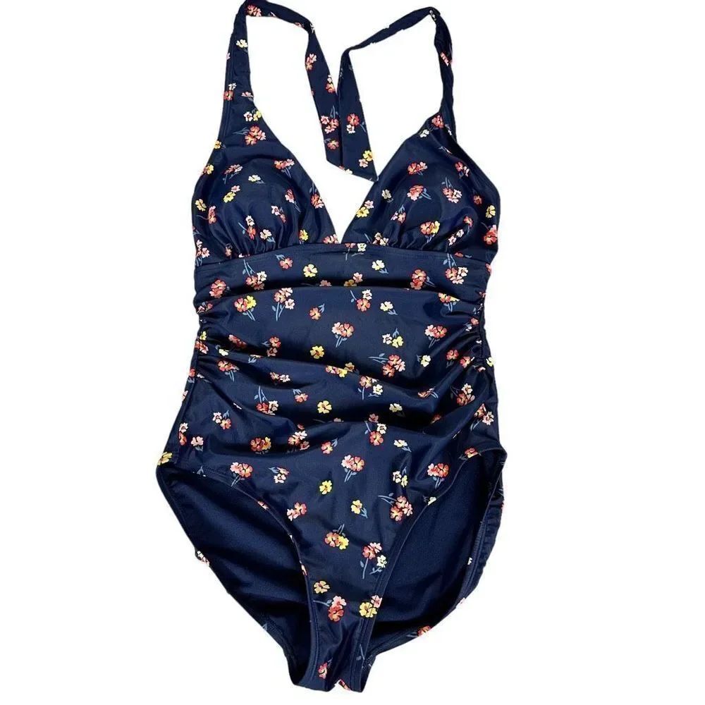 Gap Halter Tie Black Floral One Piece Swimsuit size Small